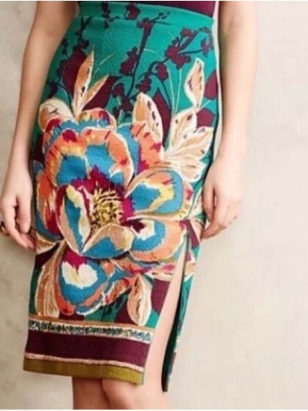 Maeve Anthropologie Tube Skirt Green Floral Stretch Bodycon Front Slit Size M